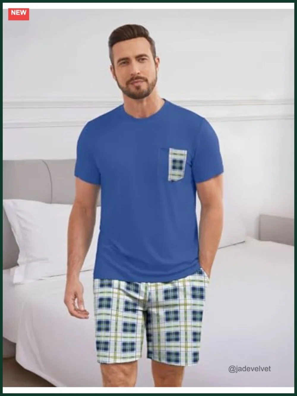Cotton Blend 2 Piece Plaid Pajama Set Short Sleeve & Shorts